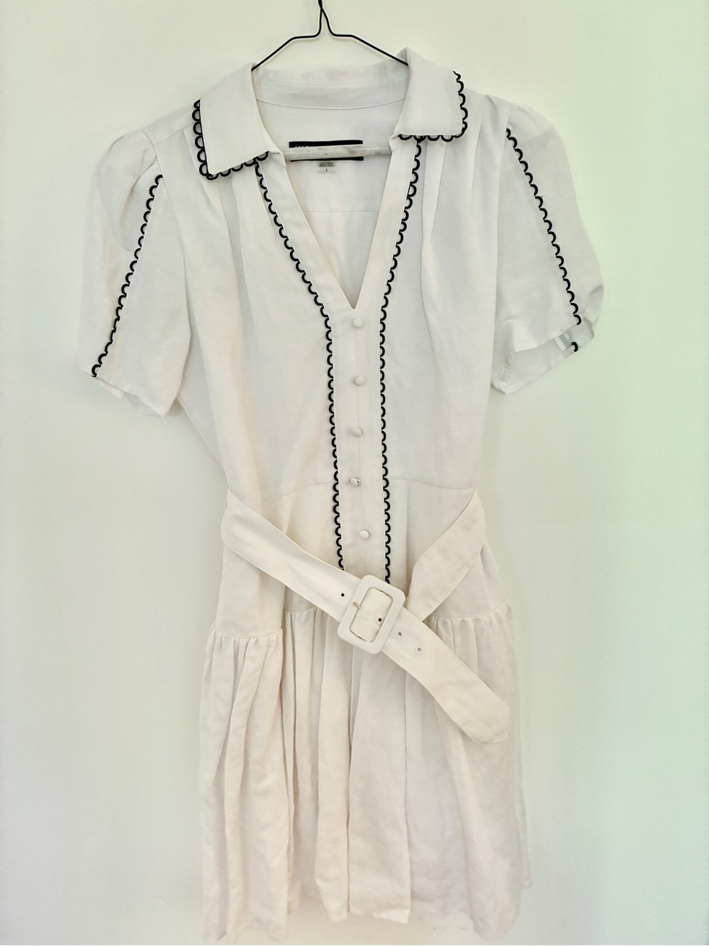 Karl Lagerfeld White Linen Mini Dress with Black Trim and Belt